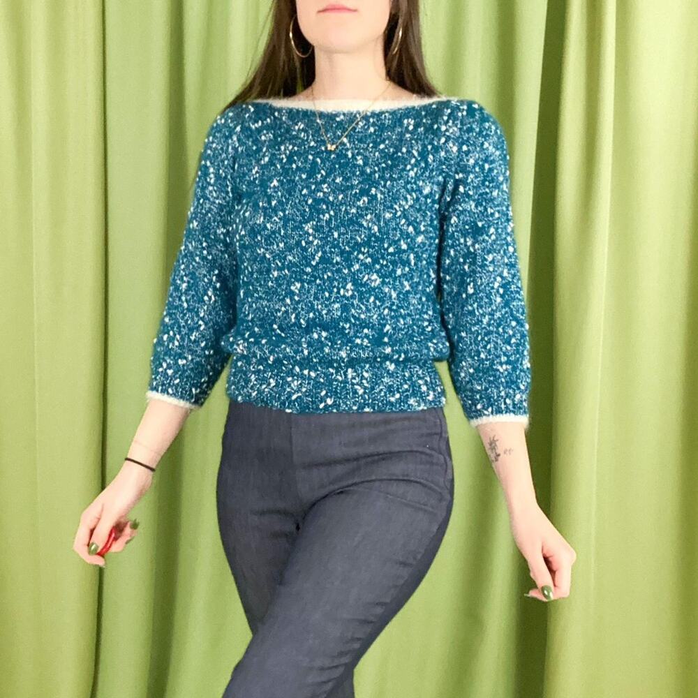 80s Vintage Teal and White Boucle Knit Boat Neck Sweater